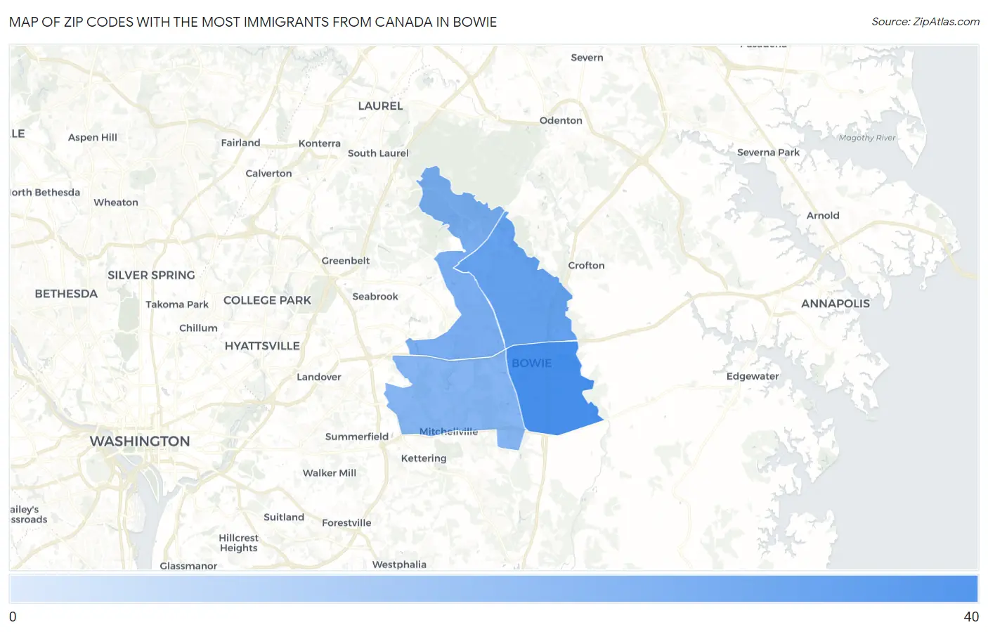Zip Codes with the Most Immigrants from Canada in Bowie Map