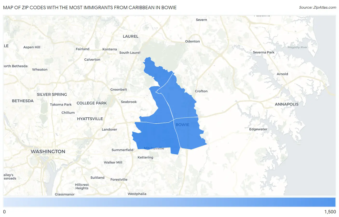 Zip Codes with the Most Immigrants from Caribbean in Bowie Map