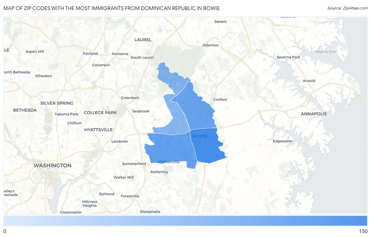 Zip Codes with the Most Immigrants from Dominican Republic in Bowie Map