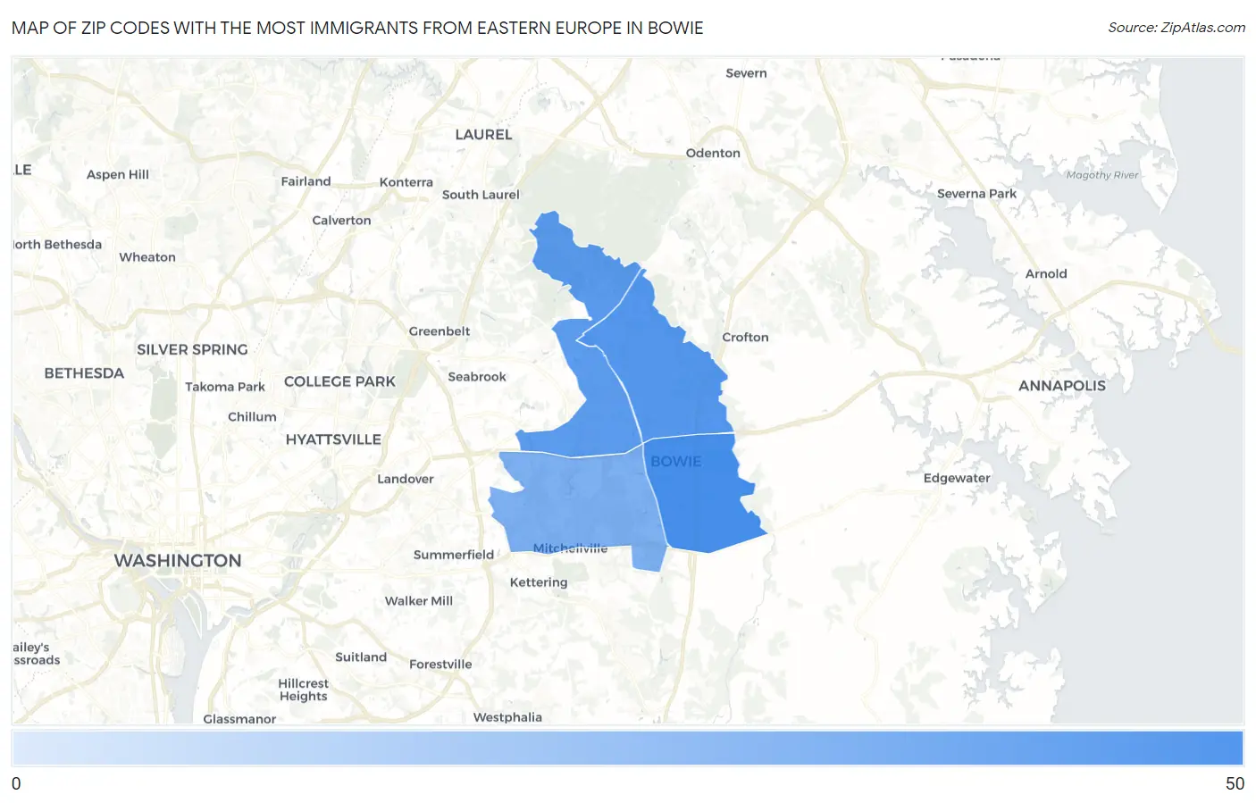 Zip Codes with the Most Immigrants from Eastern Europe in Bowie Map