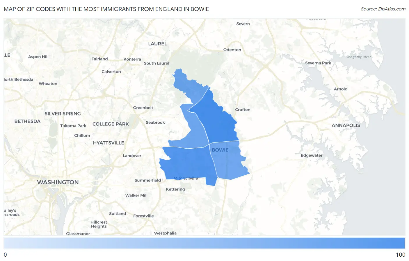 Zip Codes with the Most Immigrants from England in Bowie Map