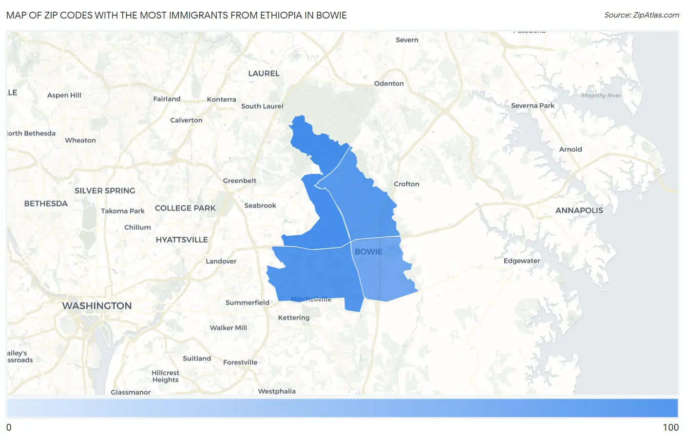 Zip Codes with the Most Immigrants from Ethiopia in Bowie Map