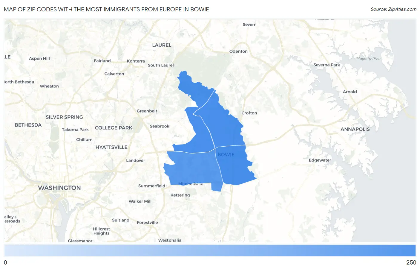 Zip Codes with the Most Immigrants from Europe in Bowie Map