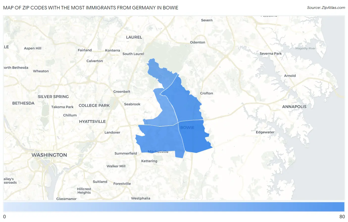 Zip Codes with the Most Immigrants from Germany in Bowie Map