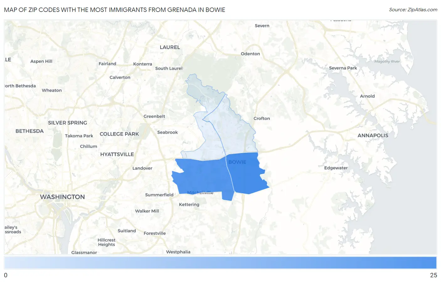 Zip Codes with the Most Immigrants from Grenada in Bowie Map