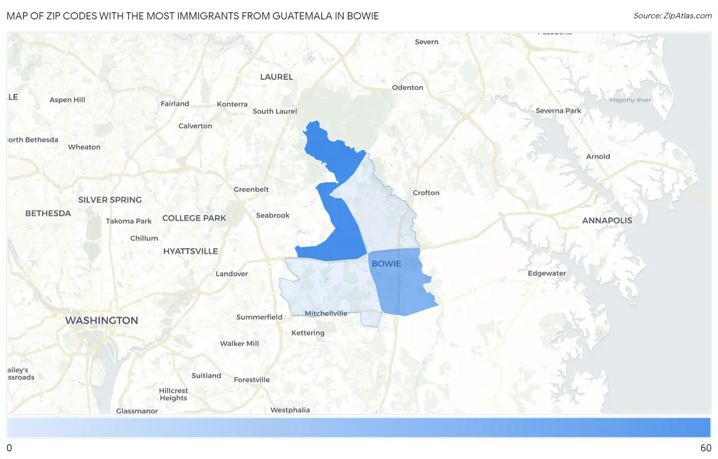 Zip Codes with the Most Immigrants from Guatemala in Bowie Map