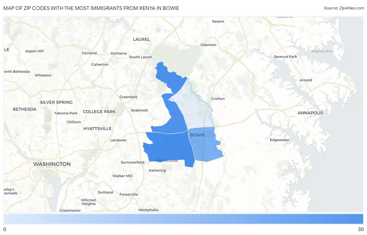 Zip Codes with the Most Immigrants from Kenya in Bowie Map