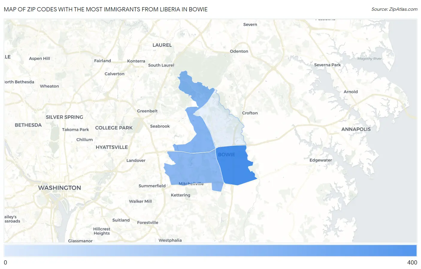Zip Codes with the Most Immigrants from Liberia in Bowie Map