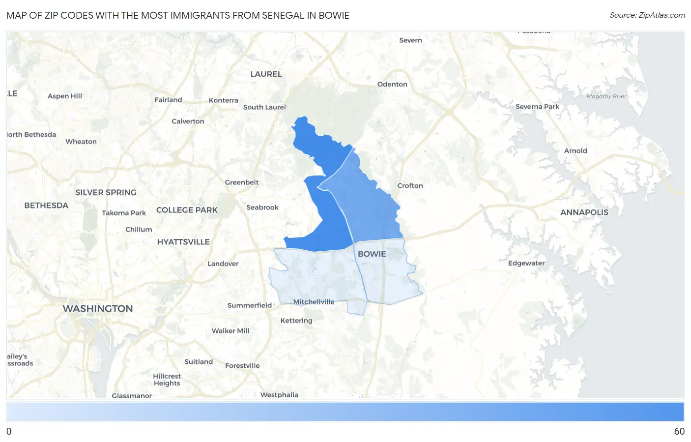 Zip Codes with the Most Immigrants from Senegal in Bowie Map
