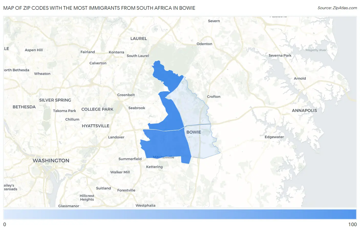 Zip Codes with the Most Immigrants from South Africa in Bowie Map