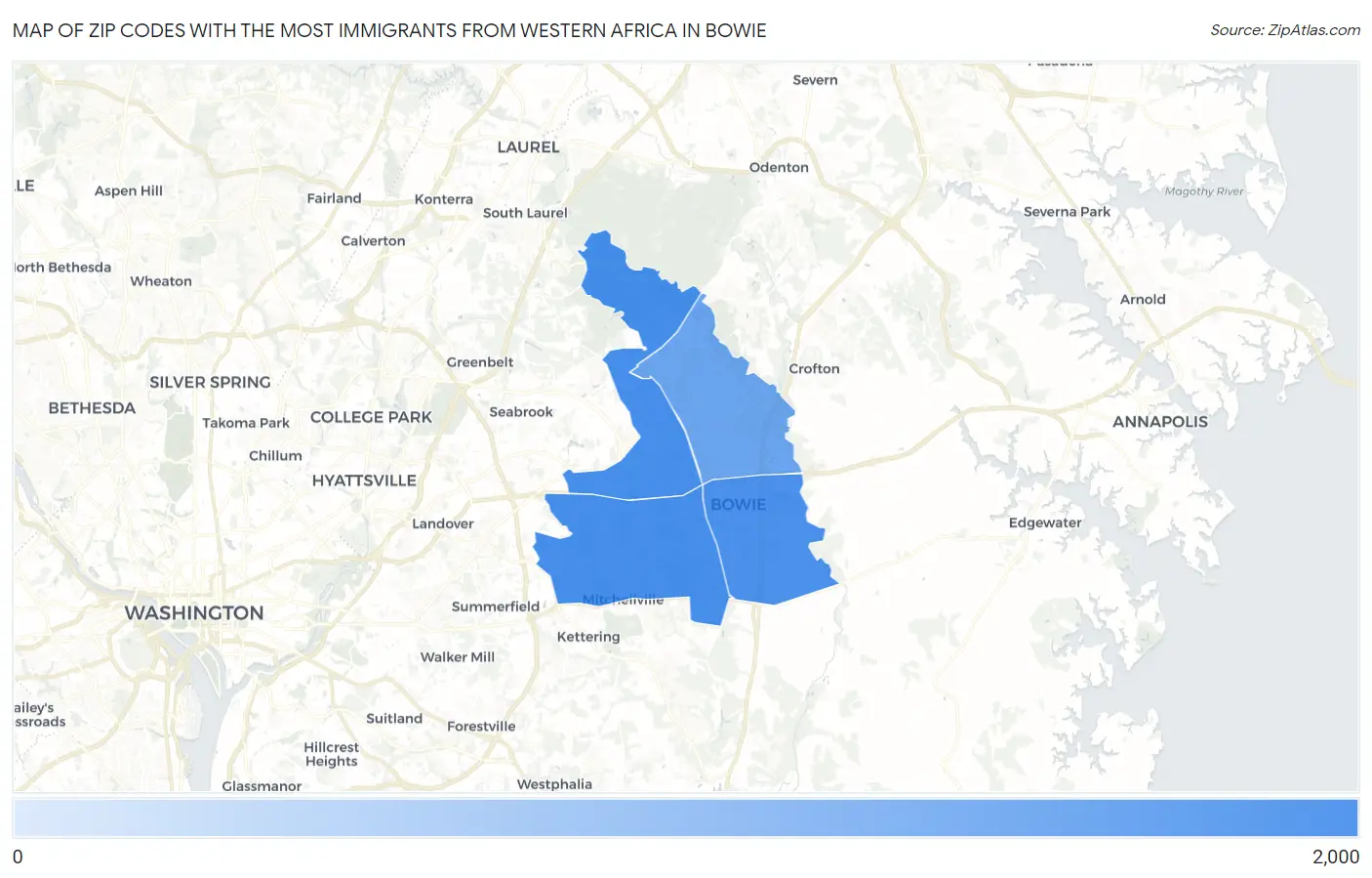 Zip Codes with the Most Immigrants from Western Africa in Bowie Map