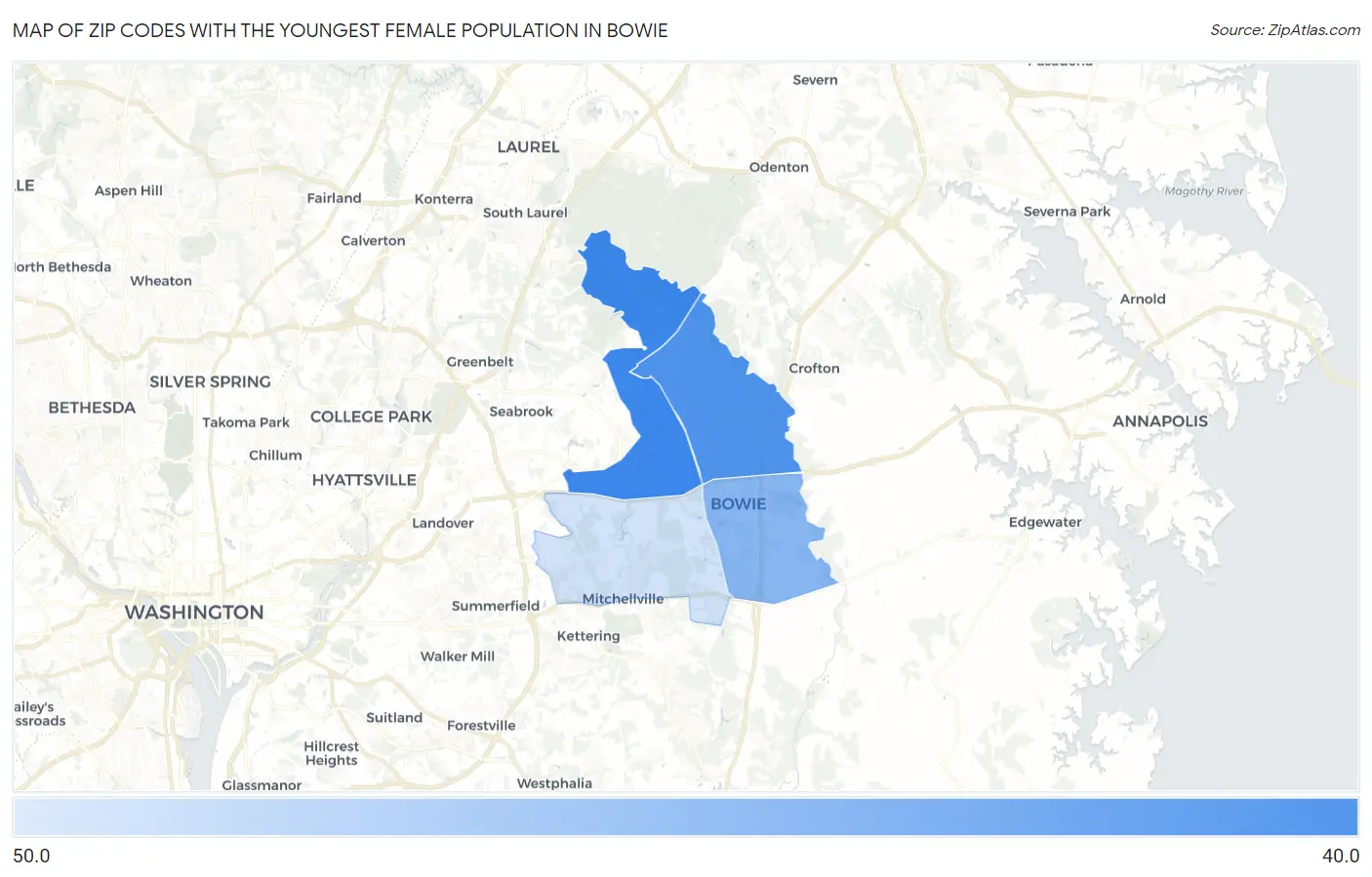 Zip Codes with the Youngest Female Population in Bowie Map