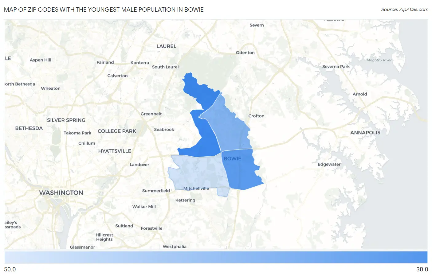 Zip Codes with the Youngest Male Population in Bowie Map