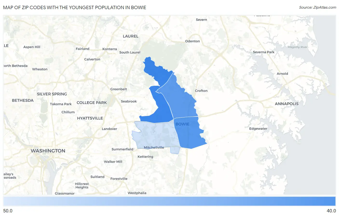 Zip Codes with the Youngest Population in Bowie Map