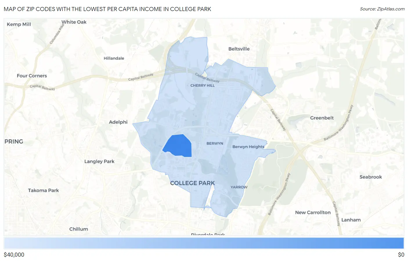Zip Codes with the Lowest Per Capita Income in College Park Map