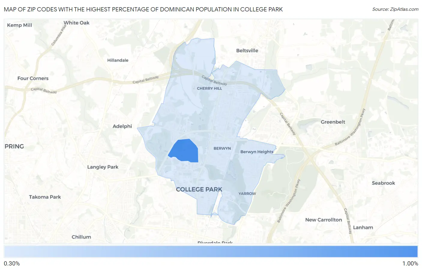 Zip Codes with the Highest Percentage of Dominican Population in College Park Map