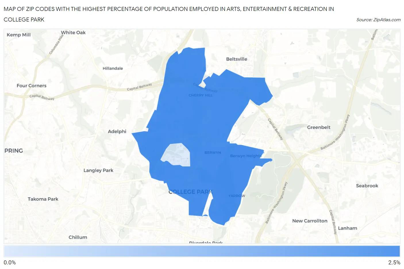 Zip Codes with the Highest Percentage of Population Employed in Arts, Entertainment & Recreation in College Park Map