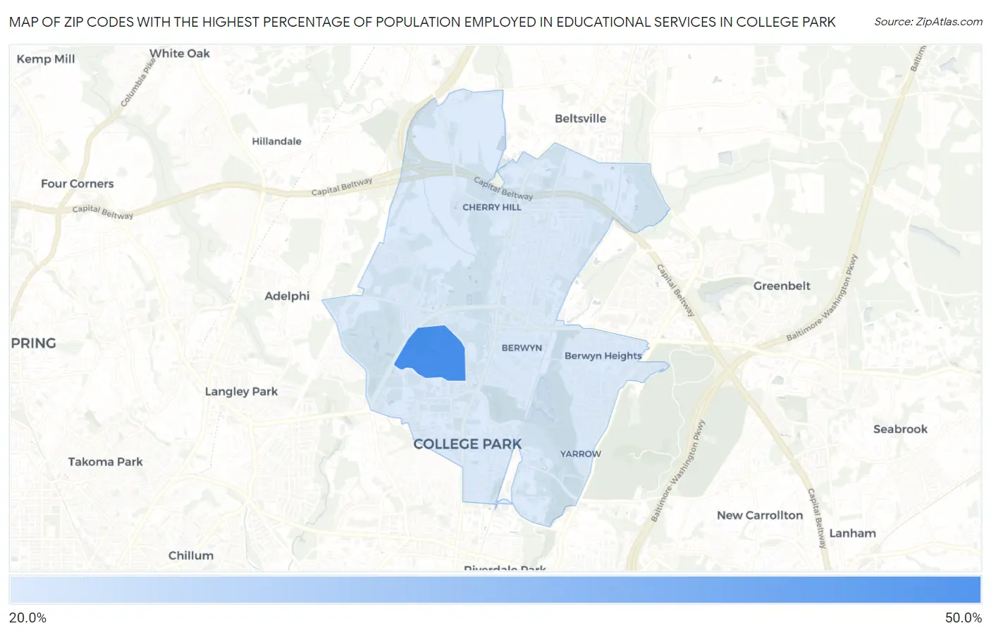 Zip Codes with the Highest Percentage of Population Employed in Educational Services in College Park Map