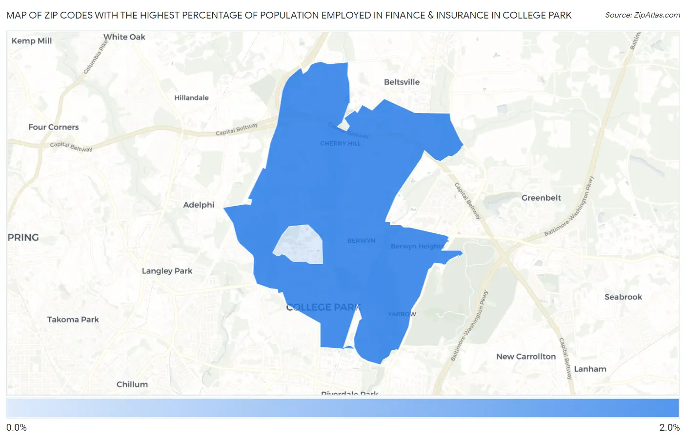 Zip Codes with the Highest Percentage of Population Employed in Finance & Insurance in College Park Map