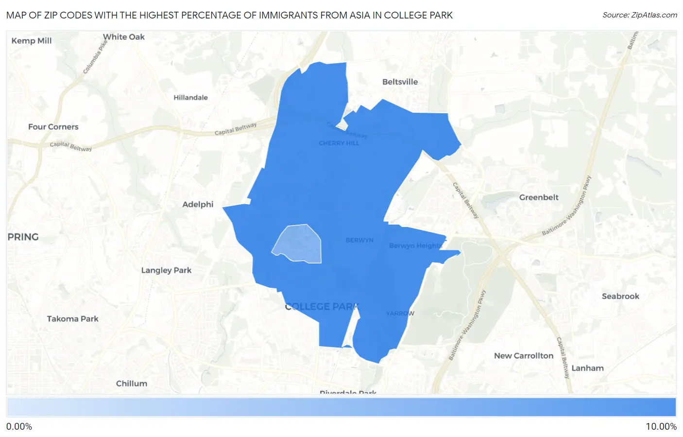 Zip Codes with the Highest Percentage of Immigrants from Asia in College Park Map