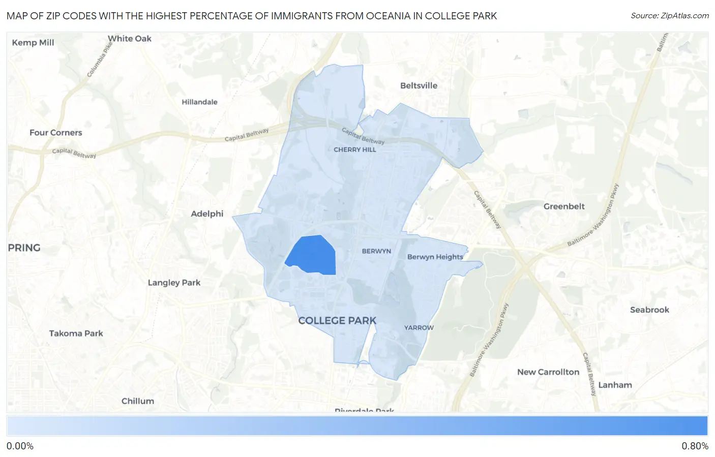 Zip Codes with the Highest Percentage of Immigrants from Oceania in College Park Map