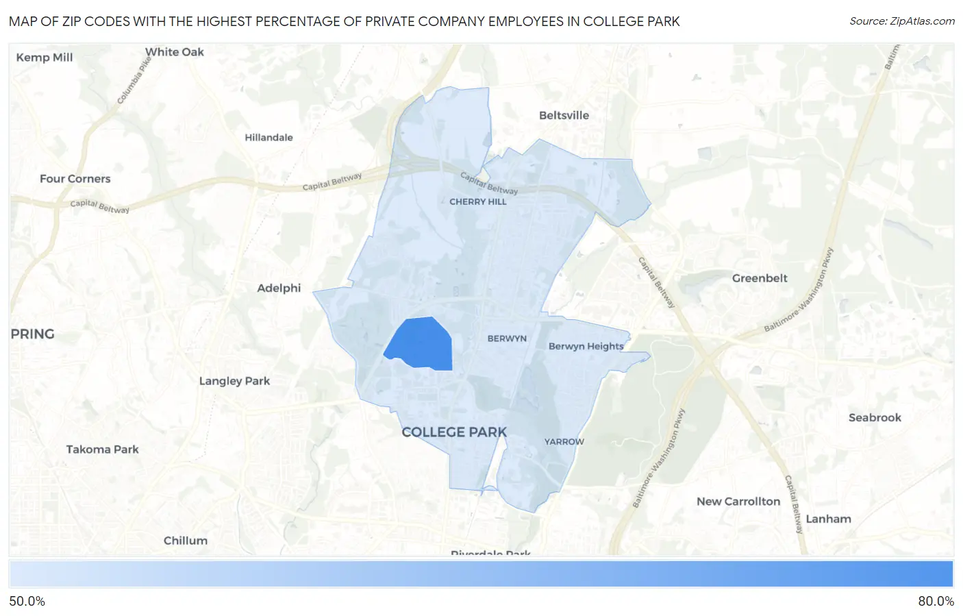 Zip Codes with the Highest Percentage of Private Company Employees in College Park Map