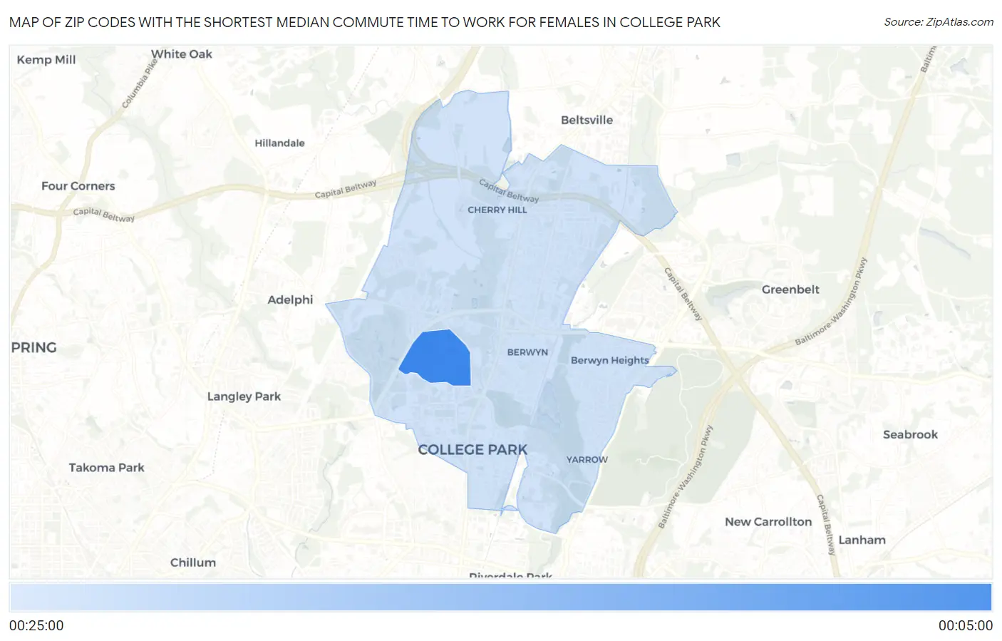 Zip Codes with the Shortest Median Commute Time to Work for Females in College Park Map