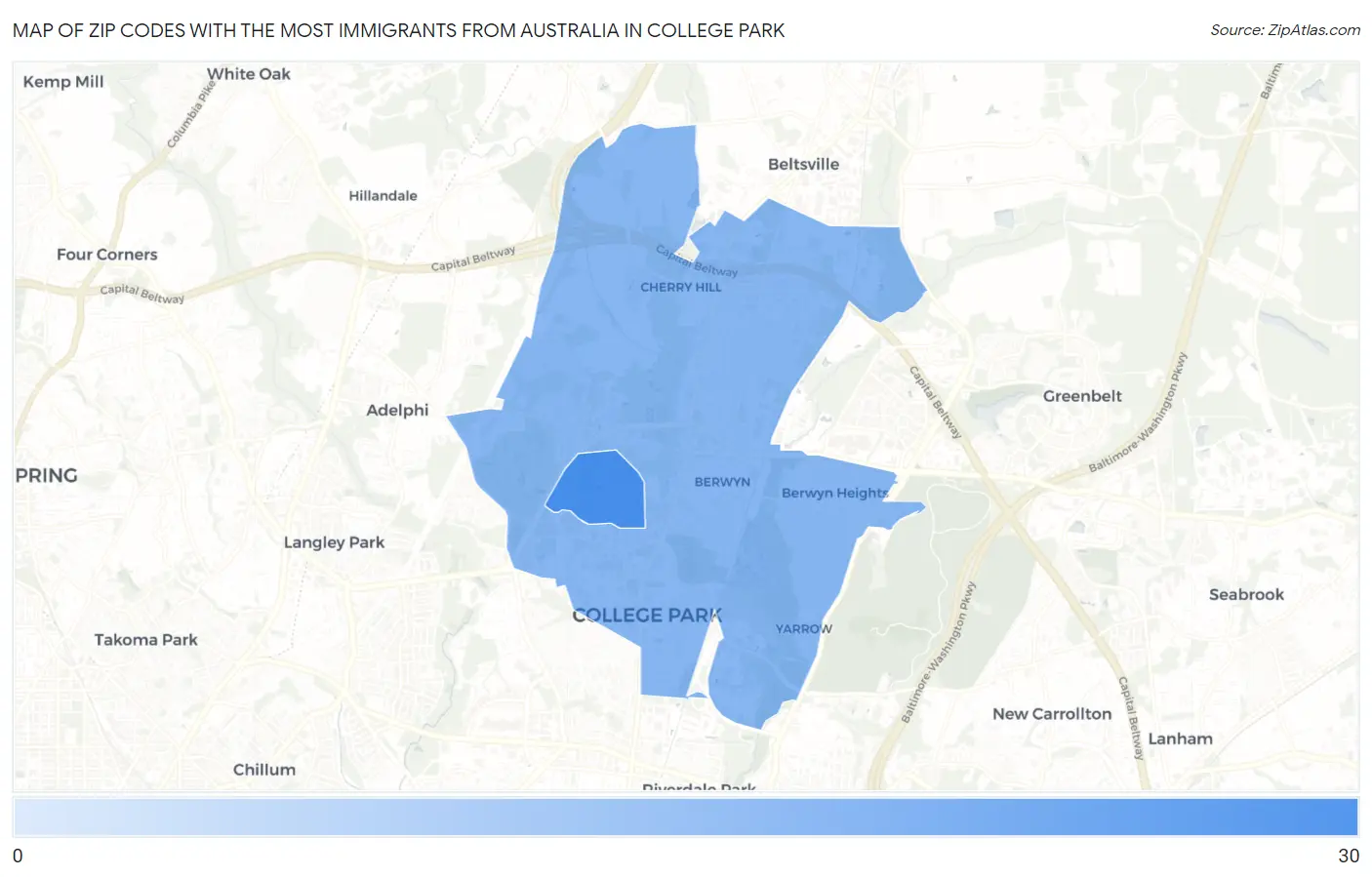 Zip Codes with the Most Immigrants from Australia in College Park Map