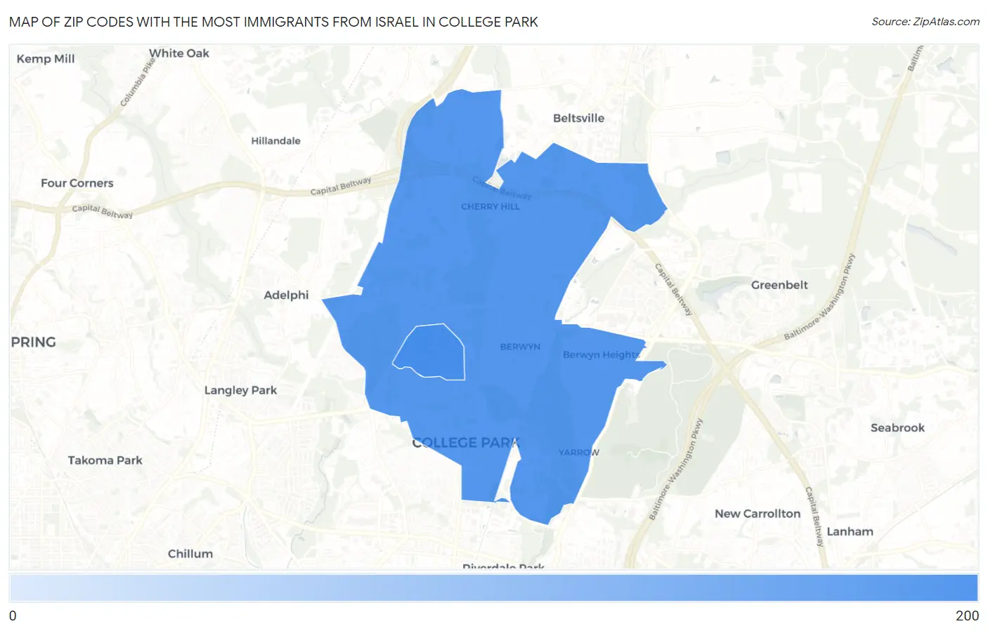 Zip Codes with the Most Immigrants from Israel in College Park Map