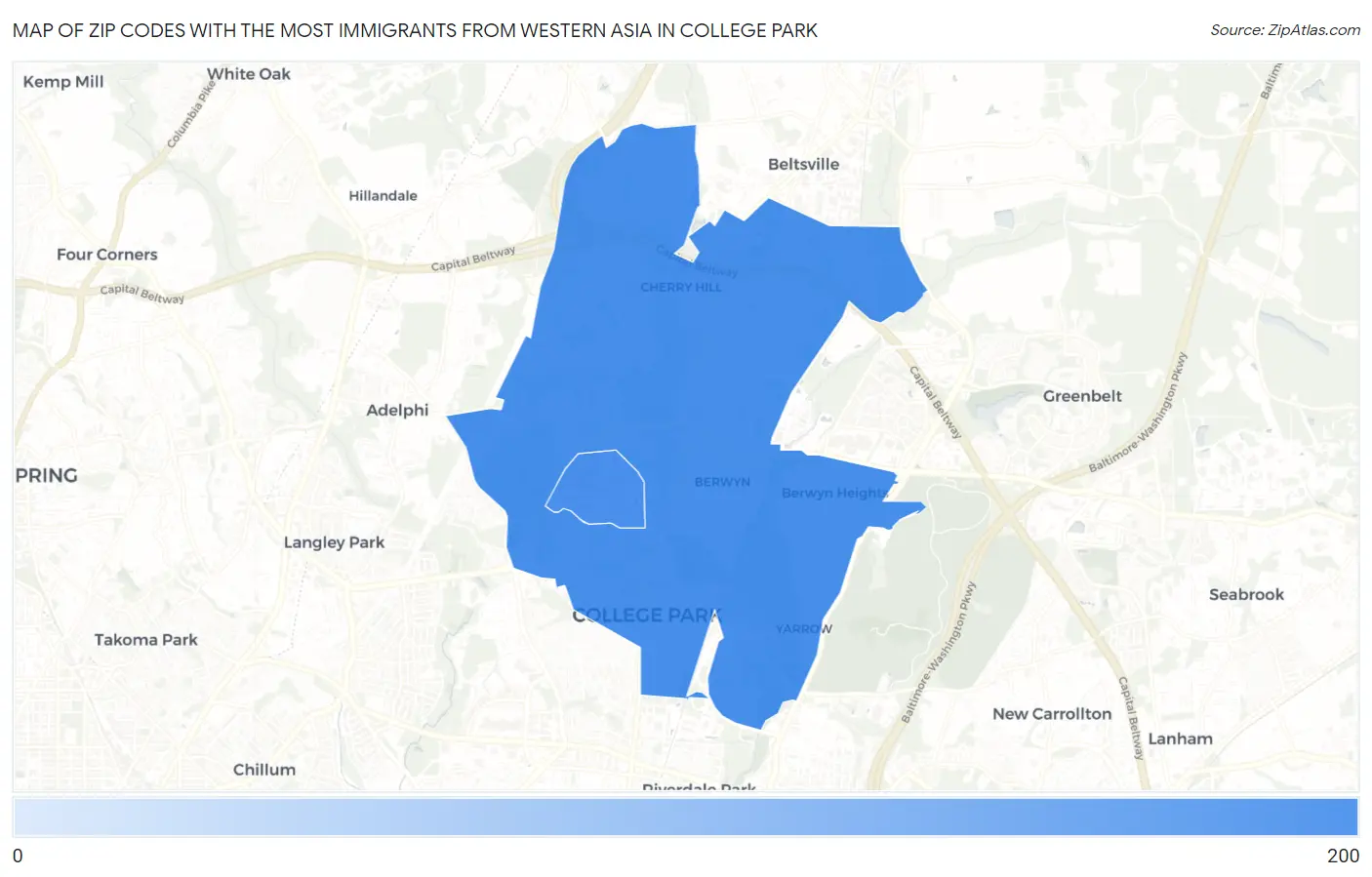 Zip Codes with the Most Immigrants from Western Asia in College Park Map