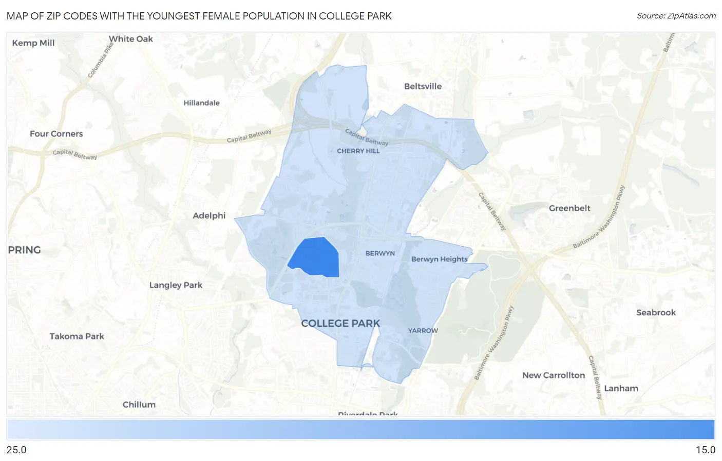 Zip Codes with the Youngest Female Population in College Park Map