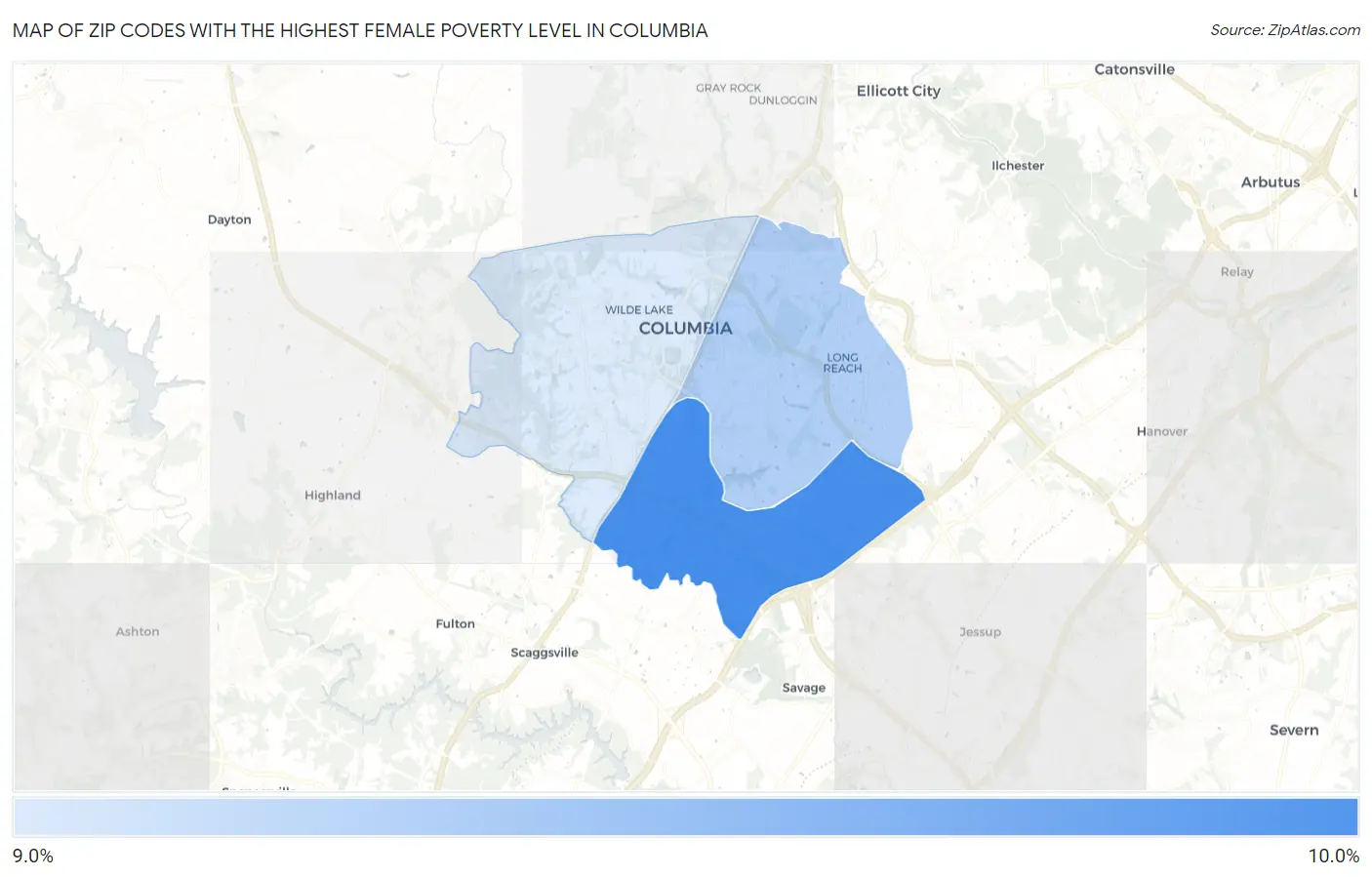 Zip Codes with the Highest Female Poverty Level in Columbia Map