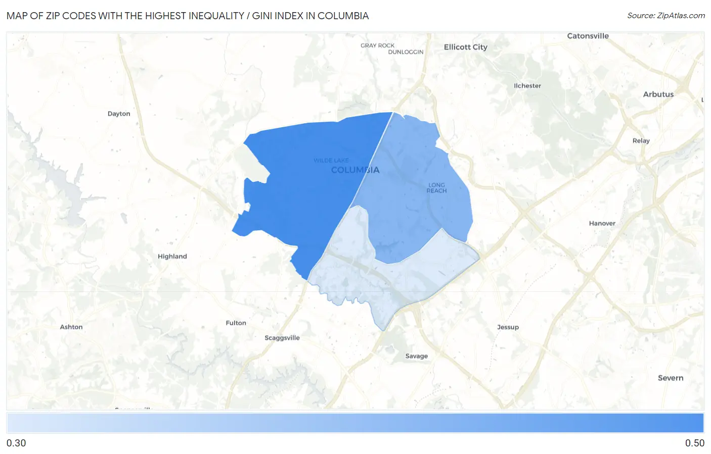 Zip Codes with the Highest Inequality / Gini Index in Columbia Map