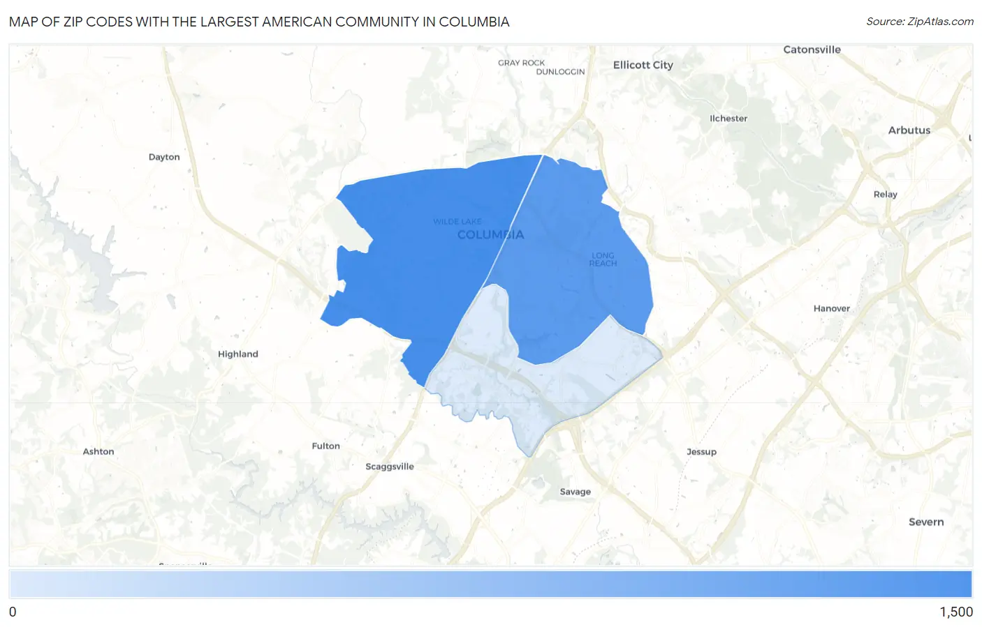 Zip Codes with the Largest American Community in Columbia Map