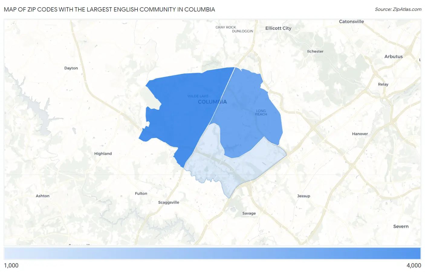 Zip Codes with the Largest English Community in Columbia Map