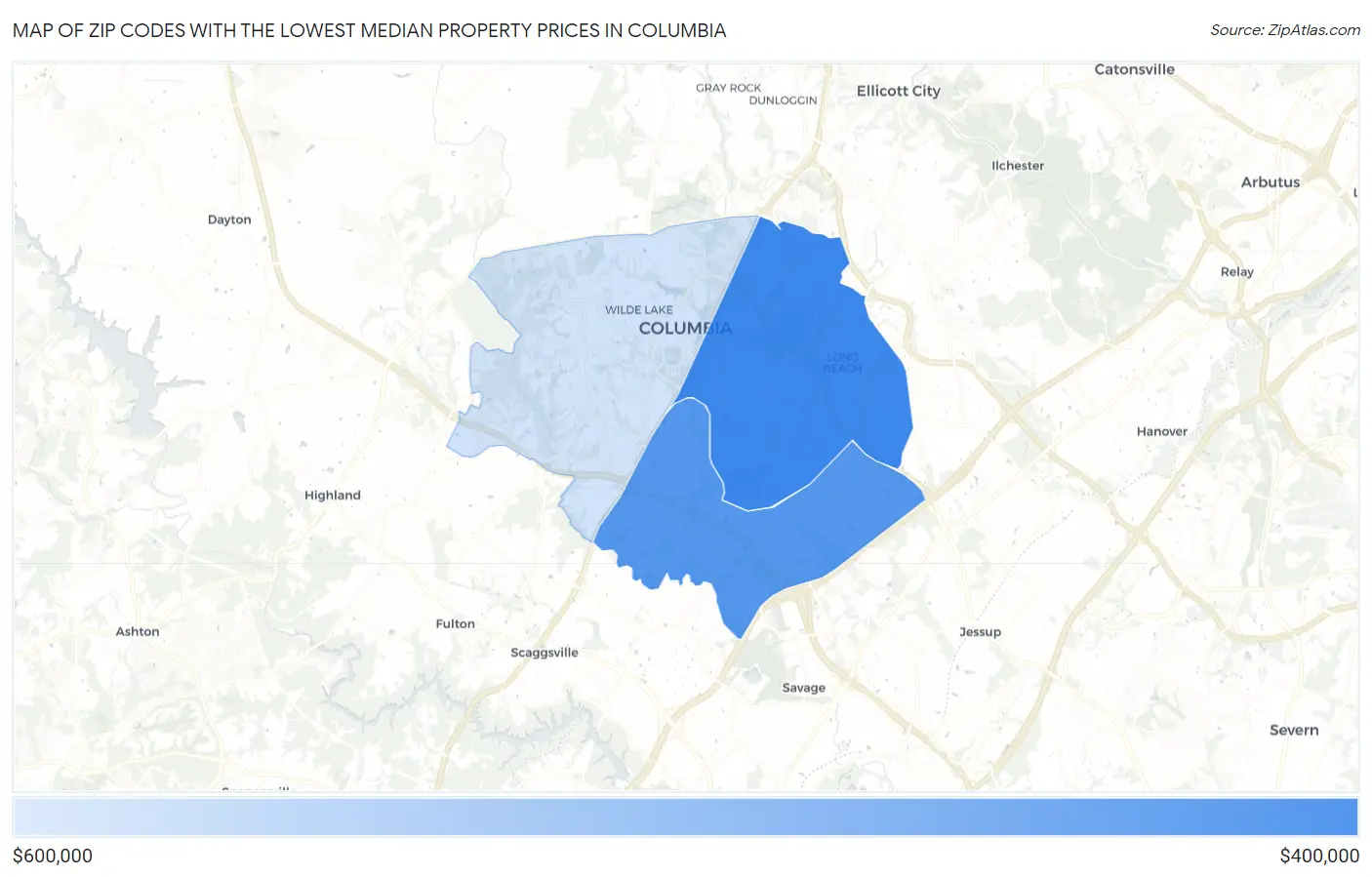 Zip Codes with the Lowest Median Property Prices in Columbia Map