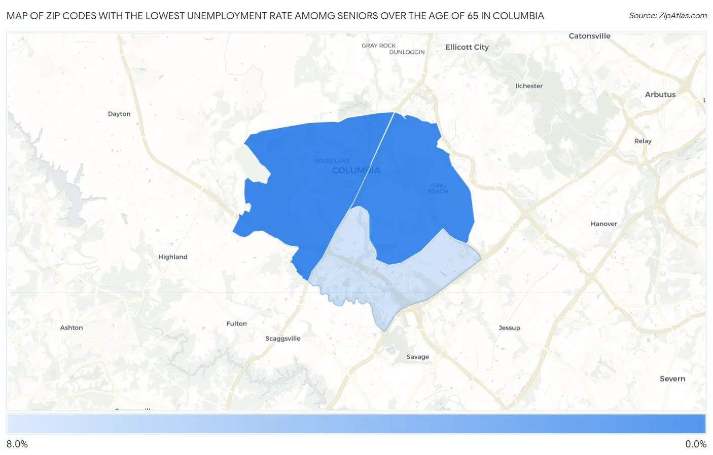 Zip Codes with the Lowest Unemployment Rate Amomg Seniors Over the Age of 65 in Columbia Map