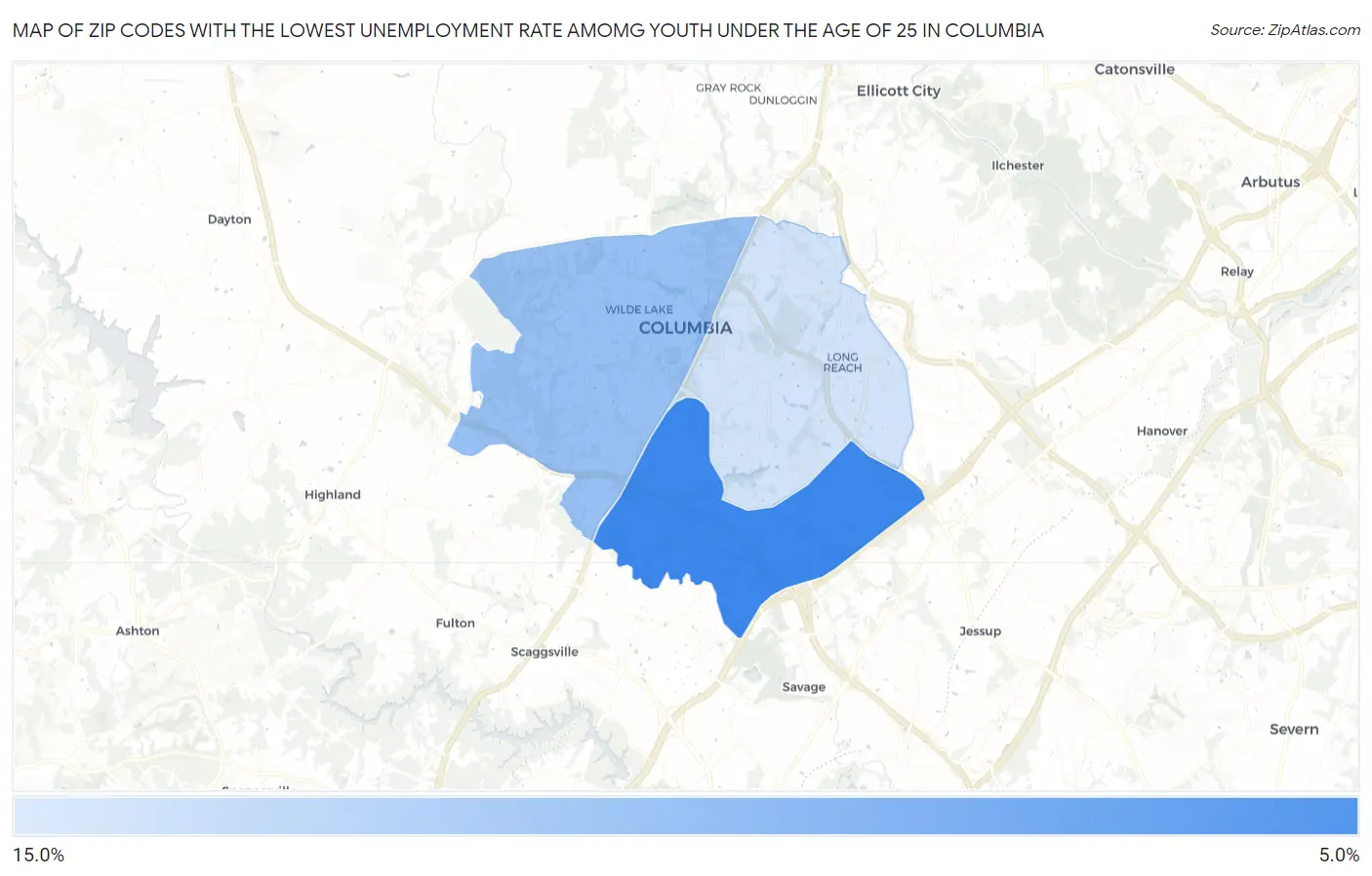 Zip Codes with the Lowest Unemployment Rate Amomg Youth Under the Age of 25 in Columbia Map