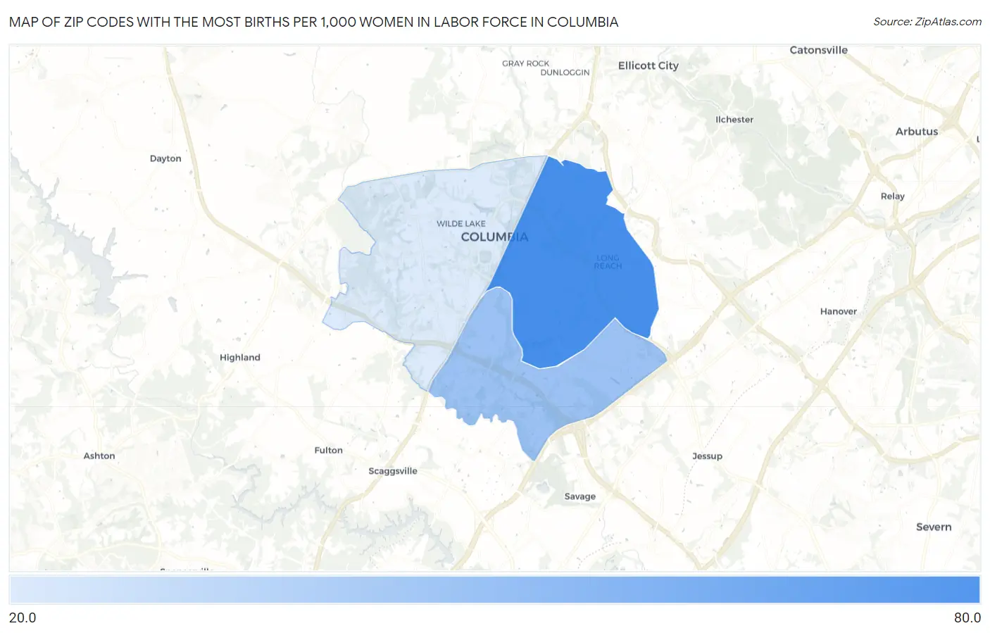 Zip Codes with the Most Births per 1,000 Women in Labor Force in Columbia Map
