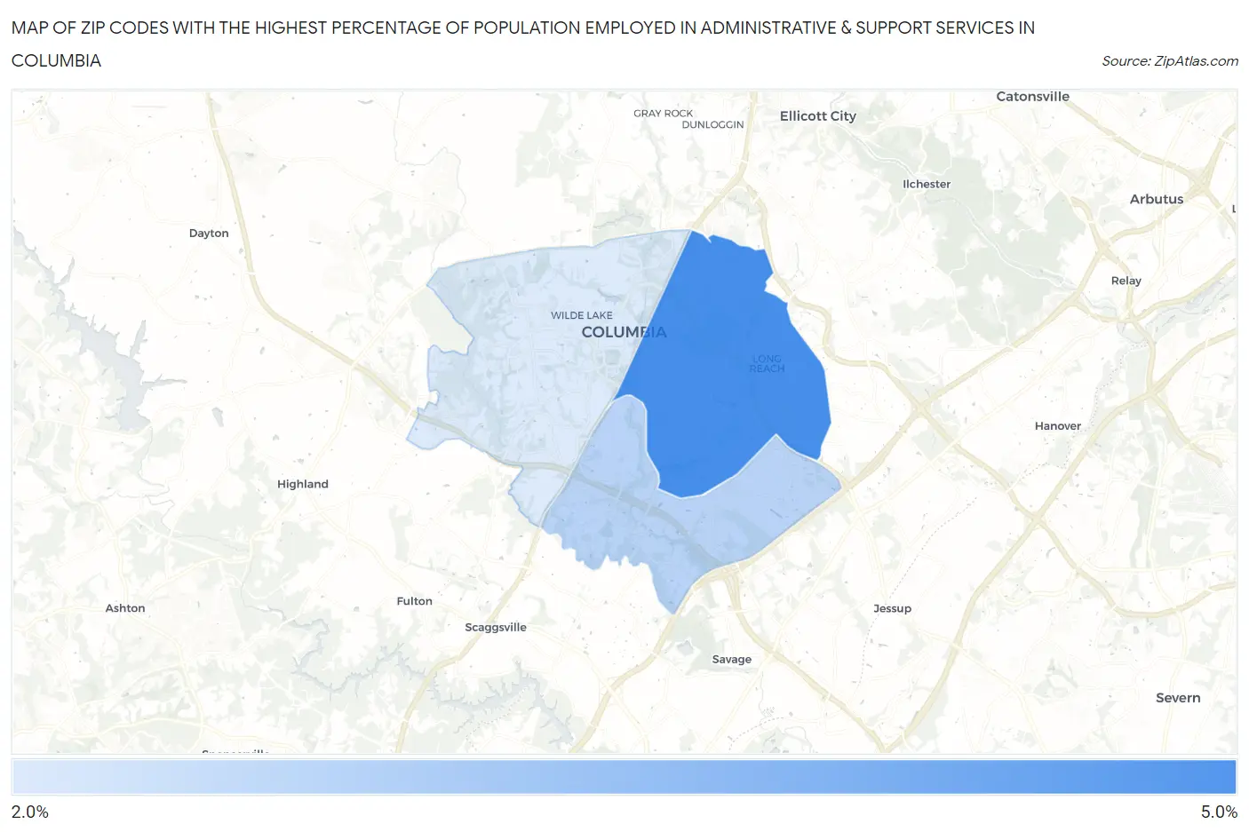 Zip Codes with the Highest Percentage of Population Employed in Administrative & Support Services in Columbia Map