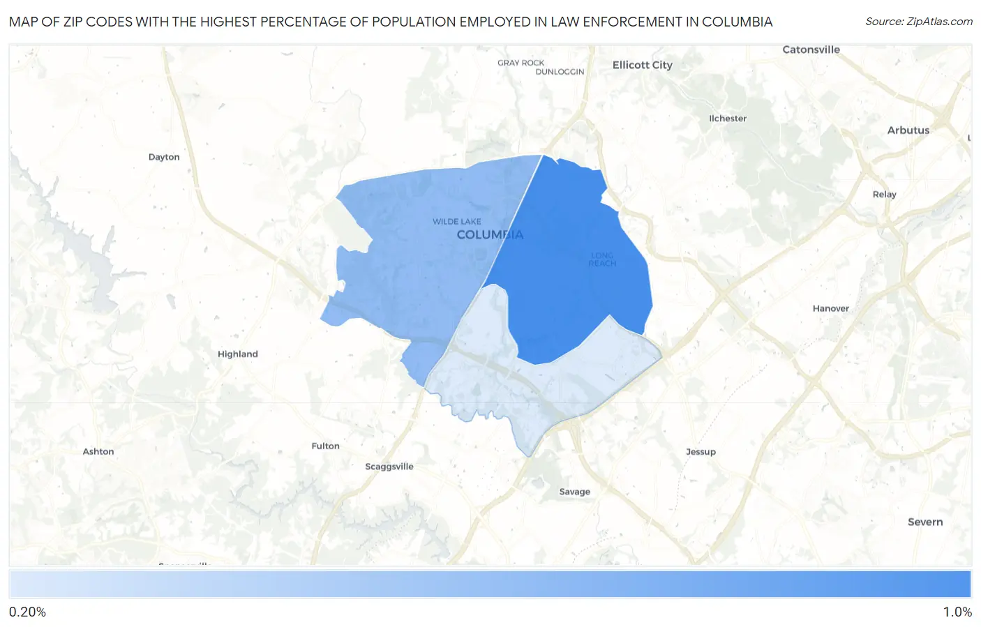 Zip Codes with the Highest Percentage of Population Employed in Law Enforcement in Columbia Map