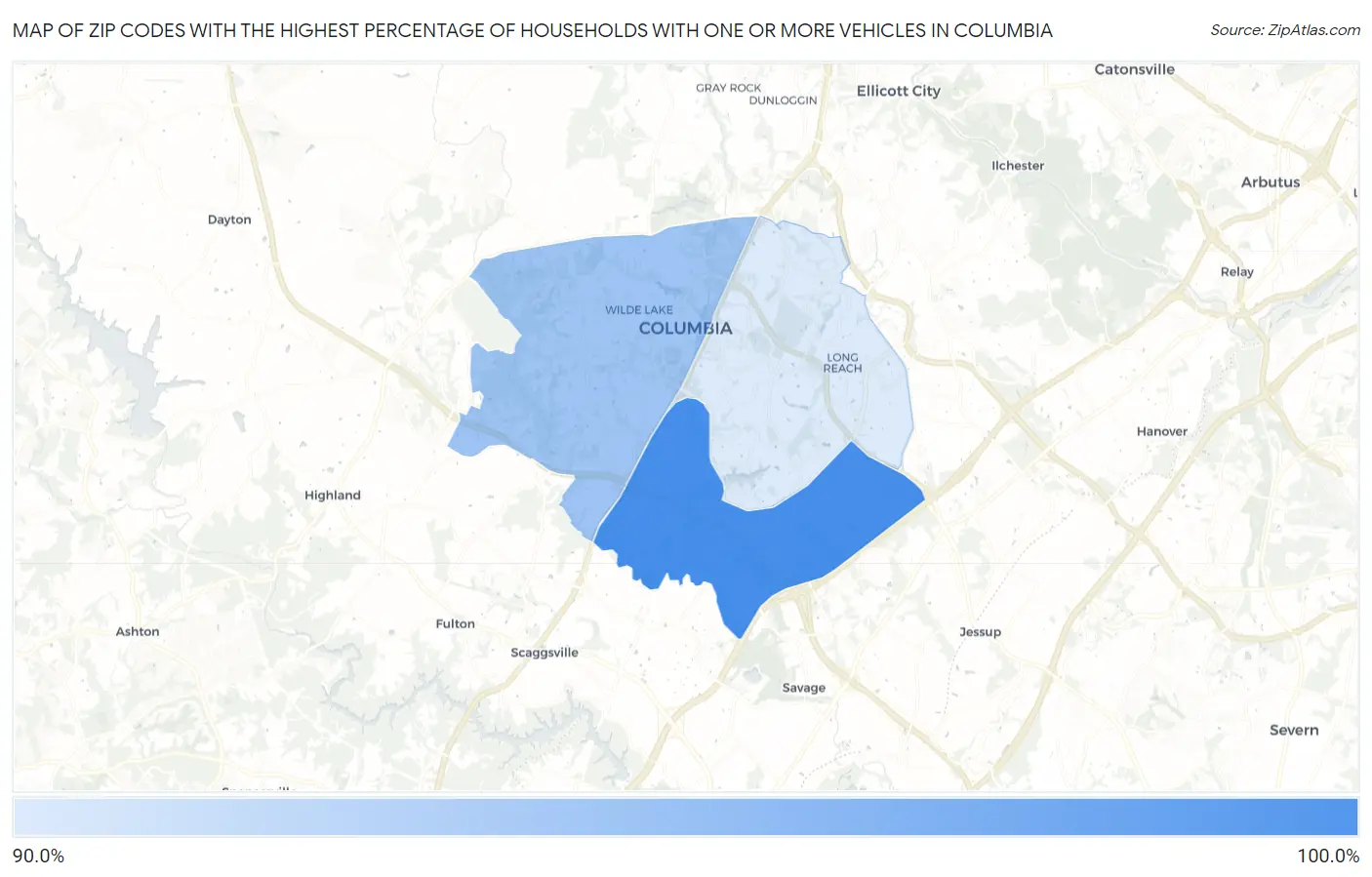 Zip Codes with the Highest Percentage of Households With One or more Vehicles in Columbia Map