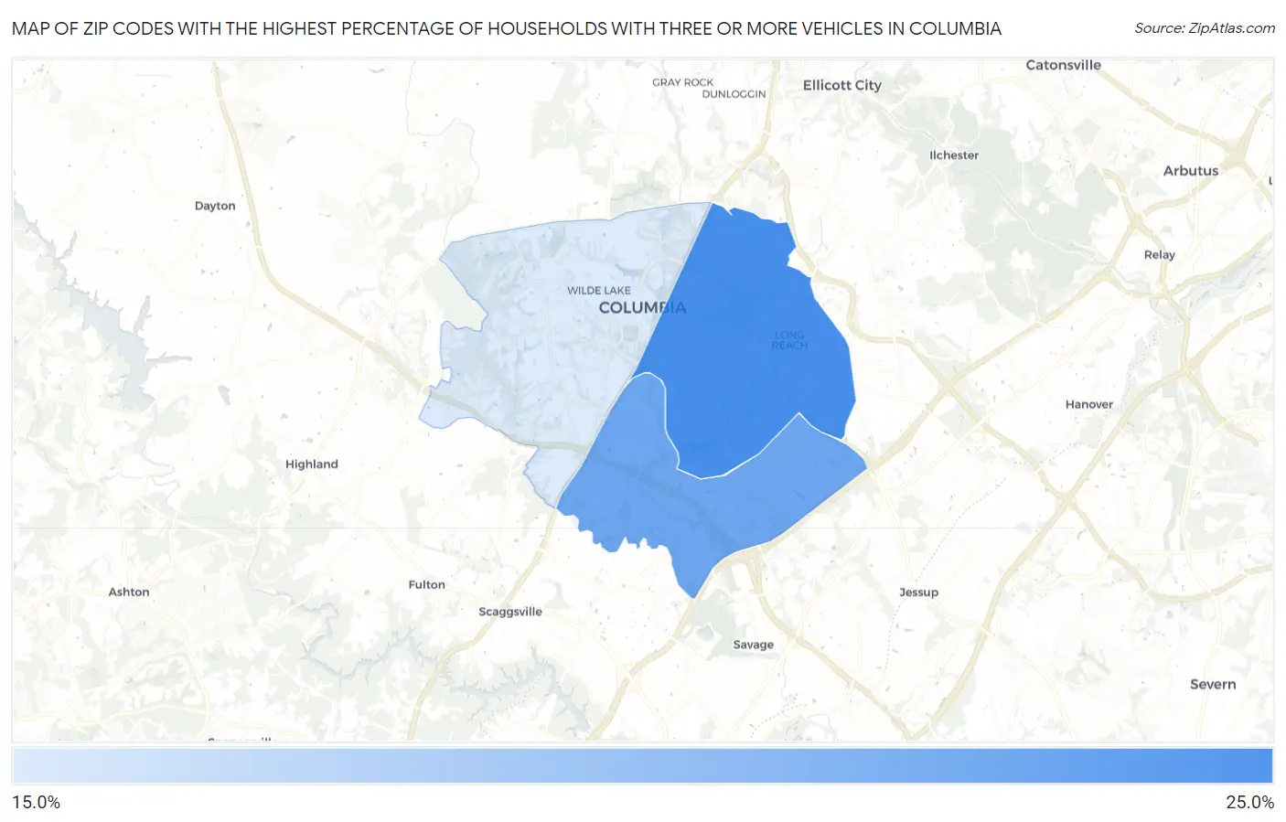 Zip Codes with the Highest Percentage of Households With Three or more Vehicles in Columbia Map