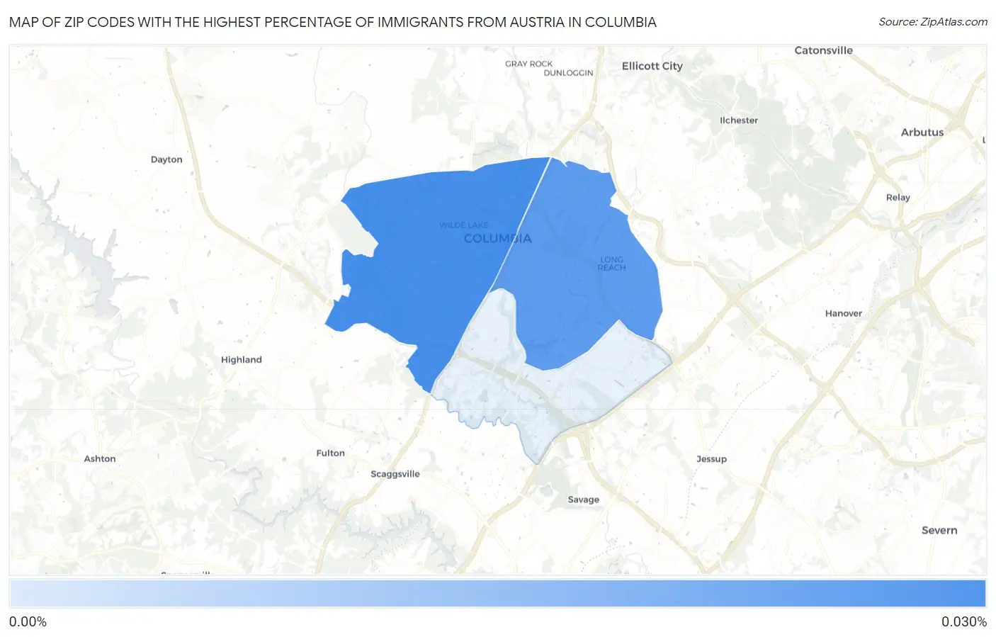 Zip Codes with the Highest Percentage of Immigrants from Austria in Columbia Map