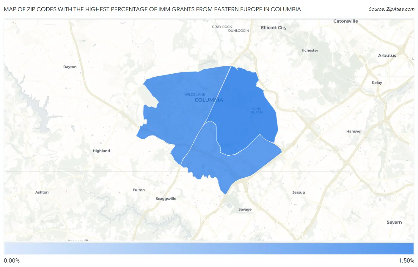Zip Codes with the Highest Percentage of Immigrants from Eastern Europe in Columbia Map