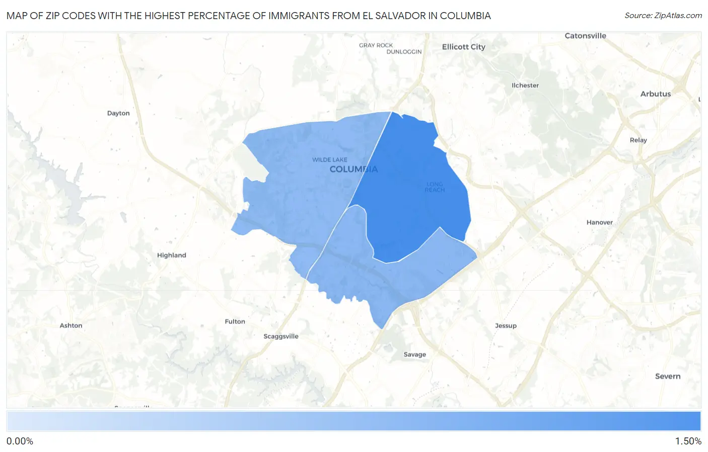 Zip Codes with the Highest Percentage of Immigrants from El Salvador in Columbia Map