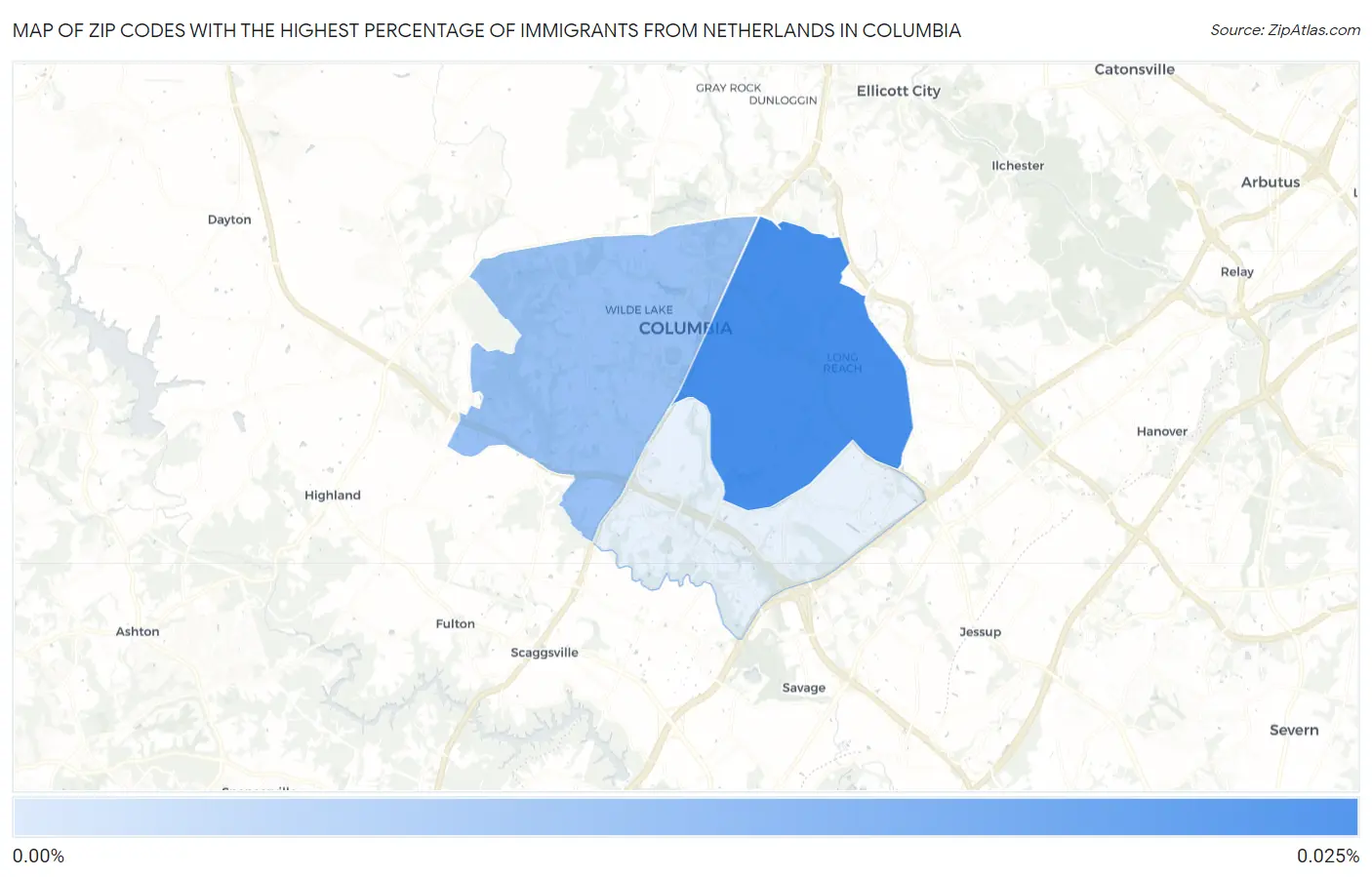 Zip Codes with the Highest Percentage of Immigrants from Netherlands in Columbia Map
