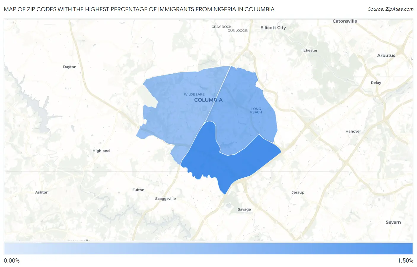 Zip Codes with the Highest Percentage of Immigrants from Nigeria in Columbia Map