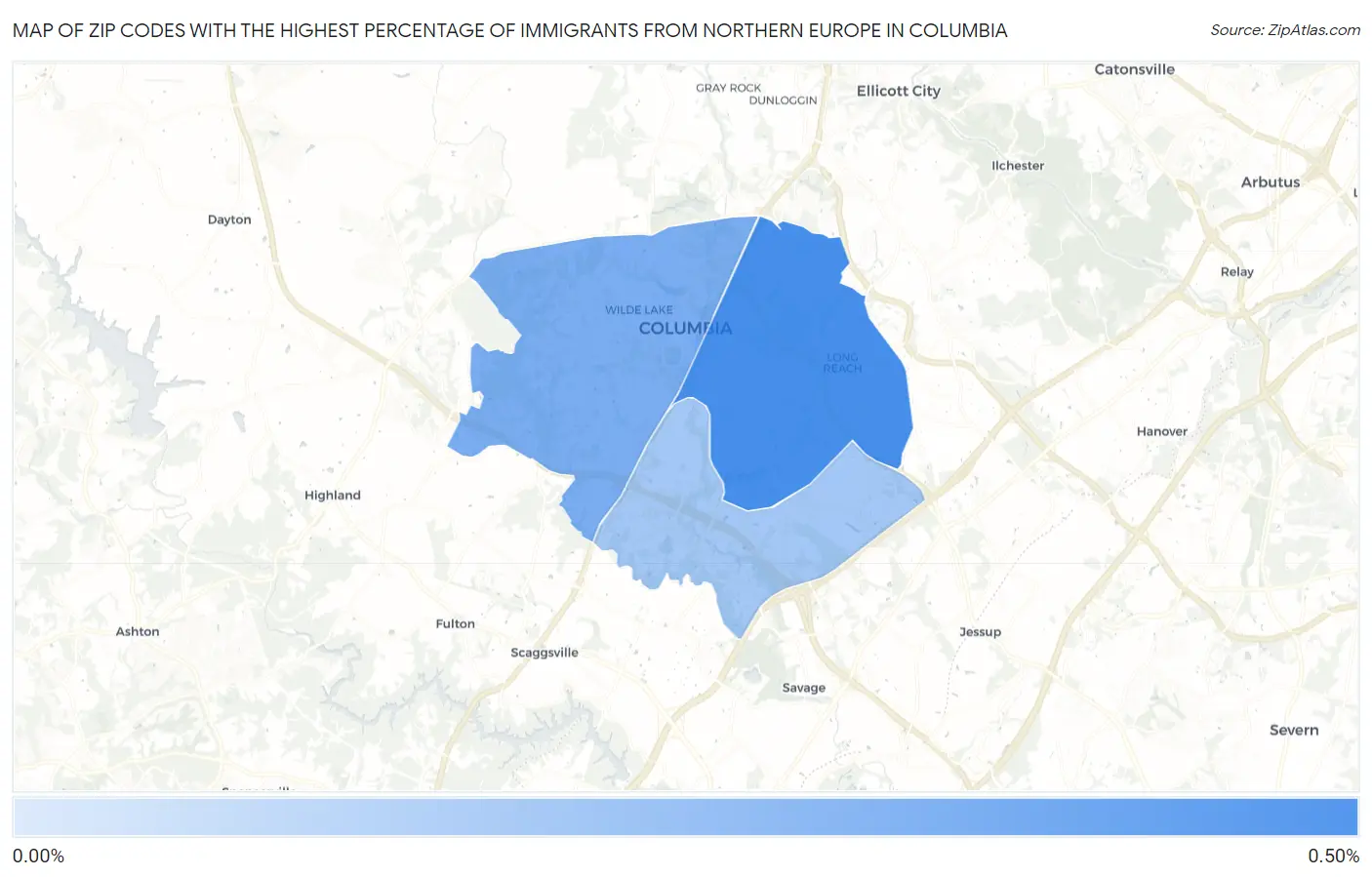Zip Codes with the Highest Percentage of Immigrants from Northern Europe in Columbia Map