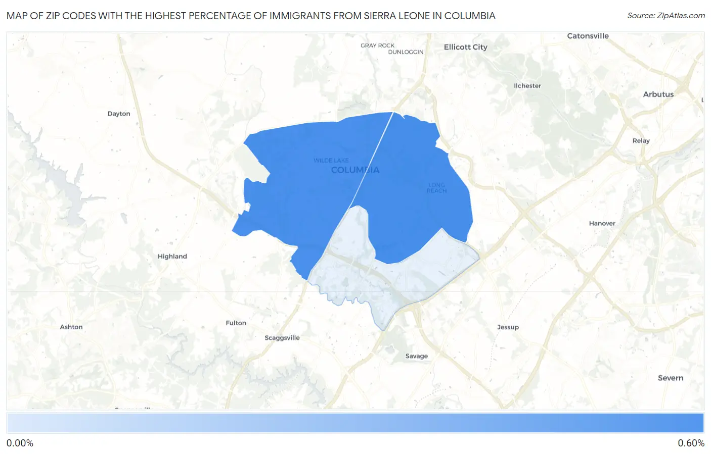 Zip Codes with the Highest Percentage of Immigrants from Sierra Leone in Columbia Map